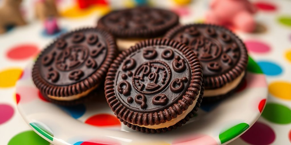 Close-up of Post Malone Oreos on a plate with milk.