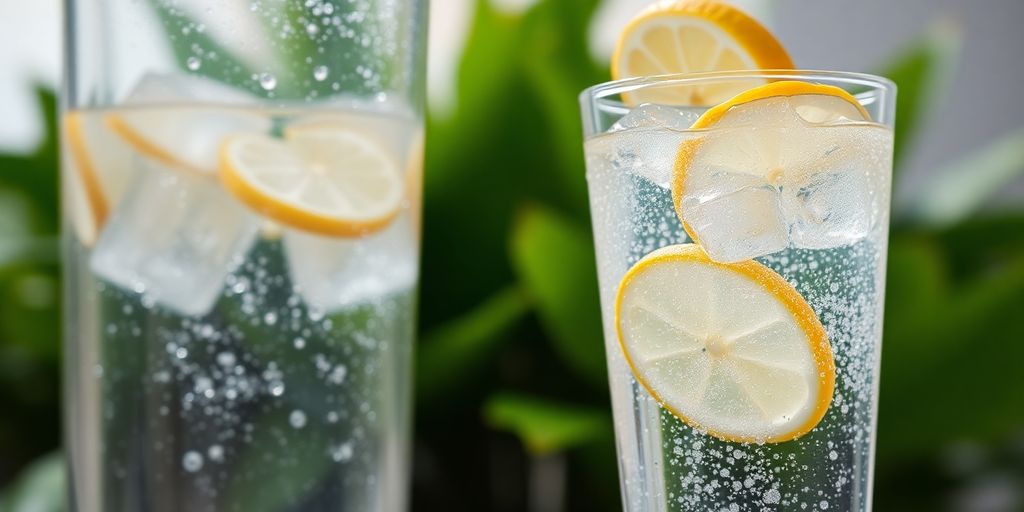 Sparkling water glass, full, next to pitcher.