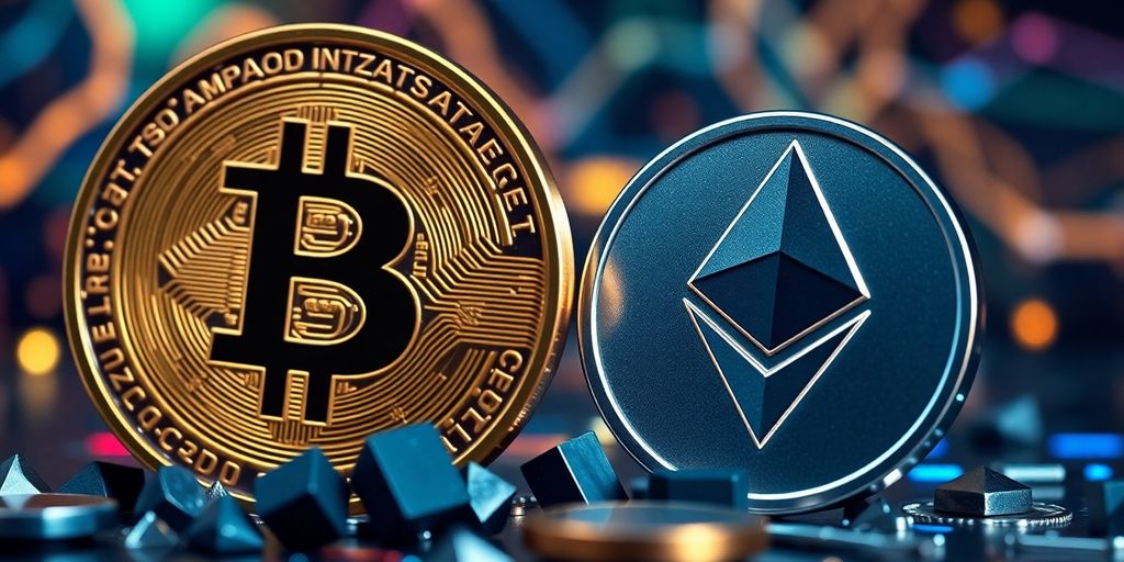 Bitcoin und Ethereum in einer futuristischen Umgebung.