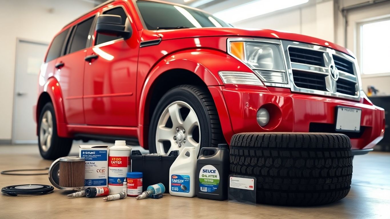 Red Dodge Nitro with seasonal parts arranged in garage workshop