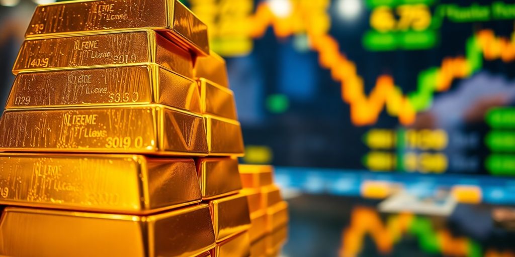 Des barres d'or empilées brillantes sur un fond flou.