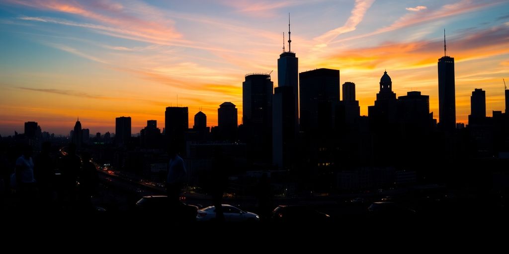 City skyline with diverse populations and vibrant activity.