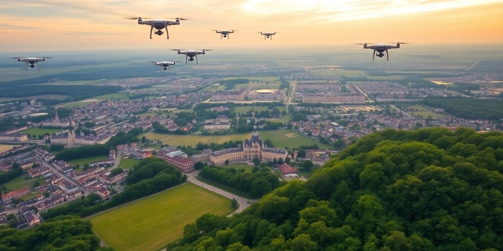 Vue aérienne de Nancy avec des drones en vol.