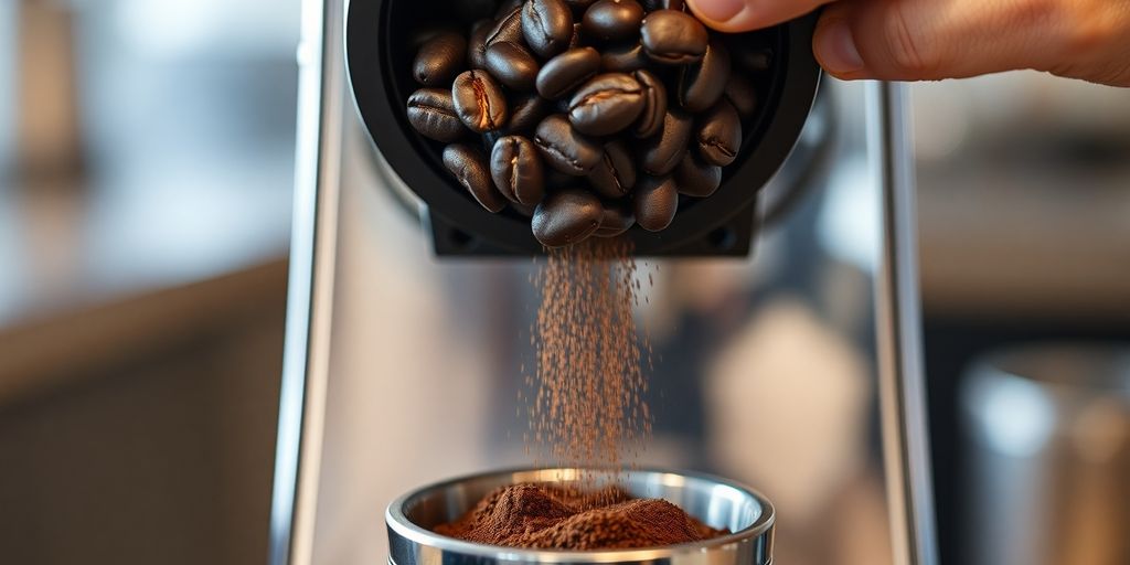 Barista grinds coffee beans into portafilter.