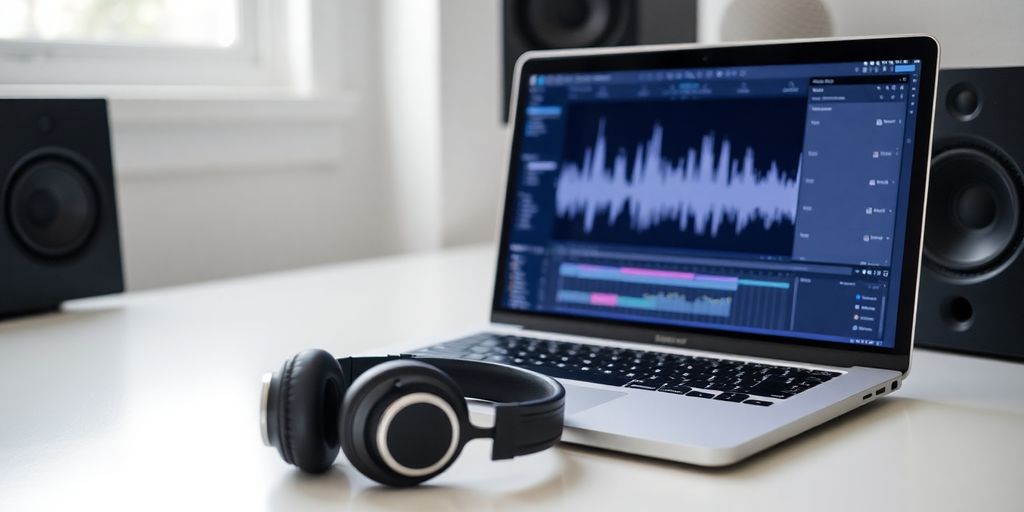 Podcast editing service with audio waves.
