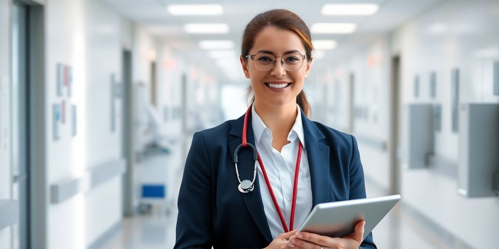 Healthcare manager in clean, modern hospital setting.