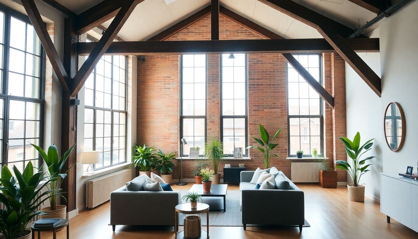 Stylish loft conversion with exposed beams and large windows.