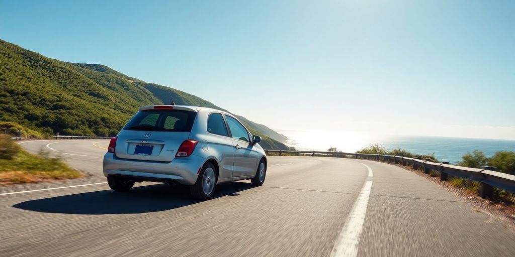 Compact car, scenic road, sunny day, budget travel.