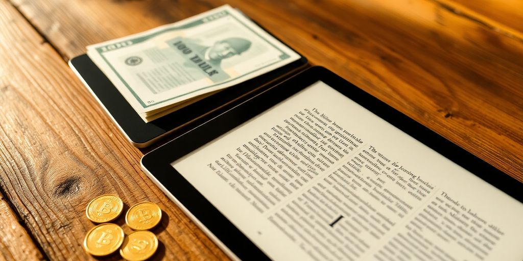 Open ebook on a tablet, money nearby.