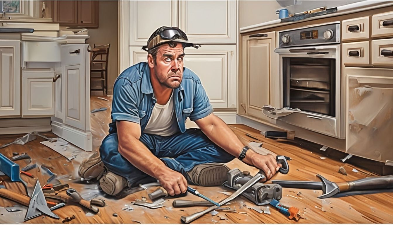 frustrated homeowner with broken tools and unreliable contractor