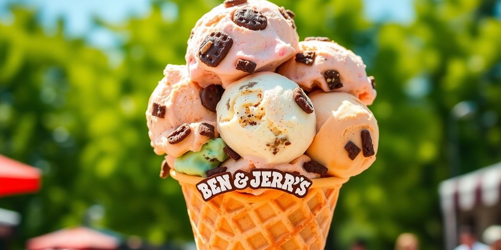 Colorful ice cream scoops in a waffle cone.