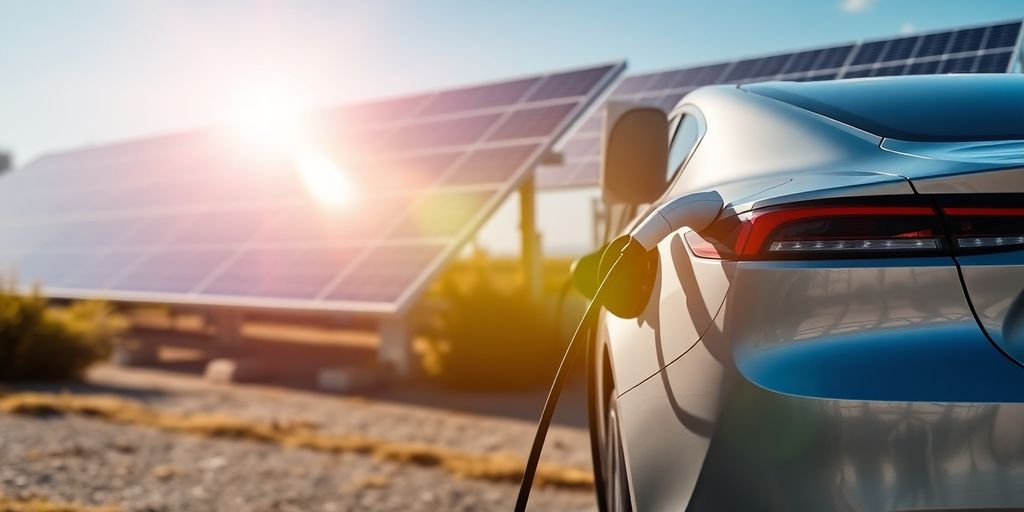 Voiture électrique en charge près de panneaux solaires