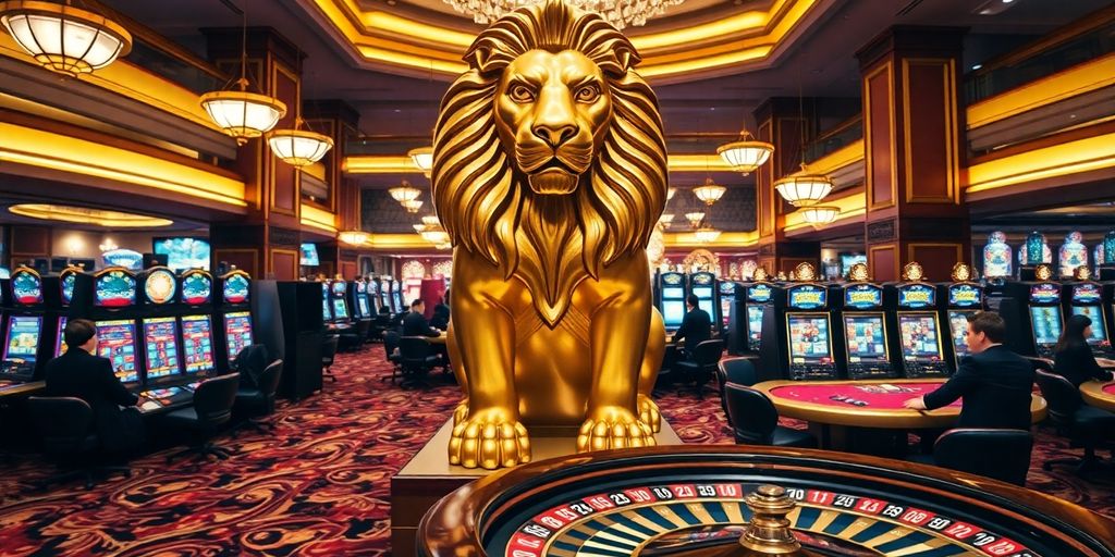 Regal lion statue, vibrant casino interior.