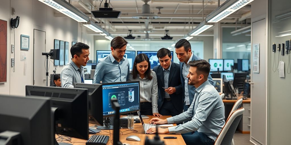 Team working together in a modern office environment.