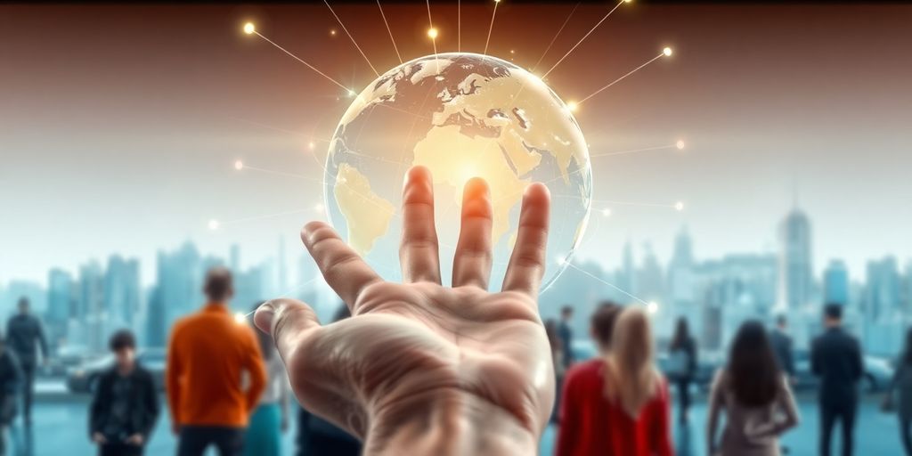 Person reaching for glowing digital globe