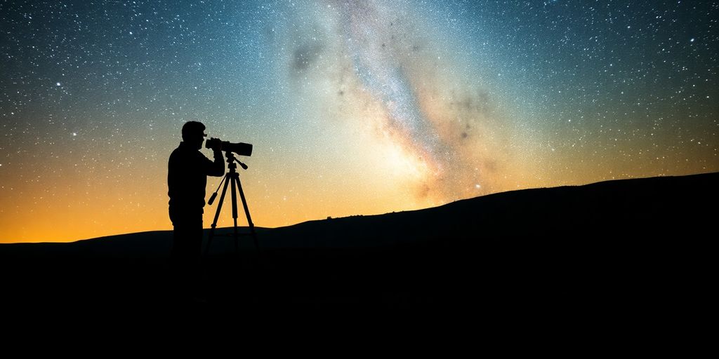 Person looking through telescope at starry sky.