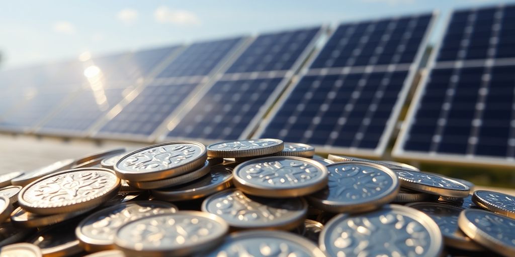Pièces d'argent brillantes et panneaux solaires