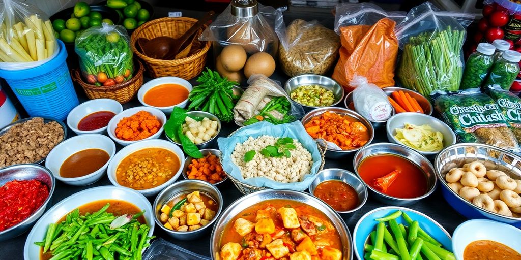 Colourful local dishes and fresh groceries in Singapore.