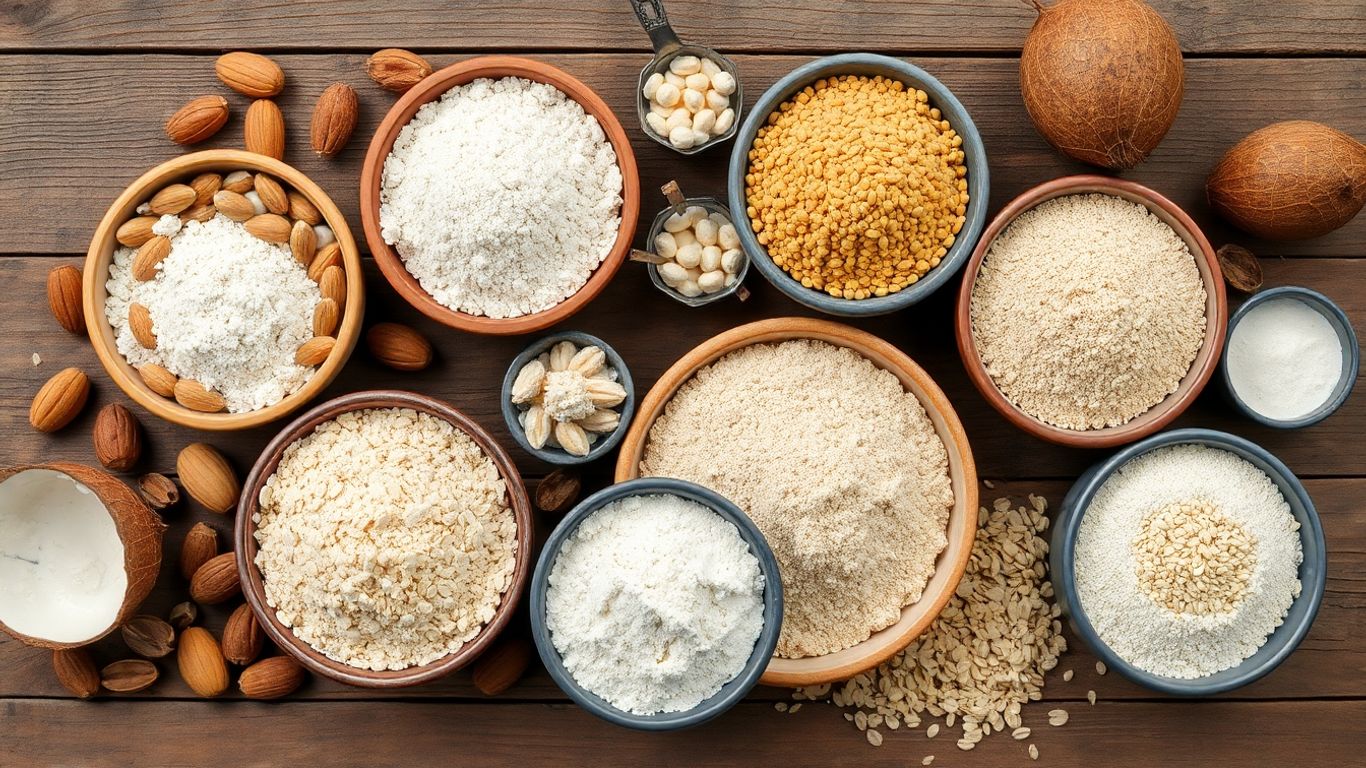 Bowls of assorted alternative flours on rustic wooden table.
