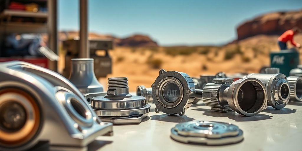 Fiat engine parts, Australia desert background.