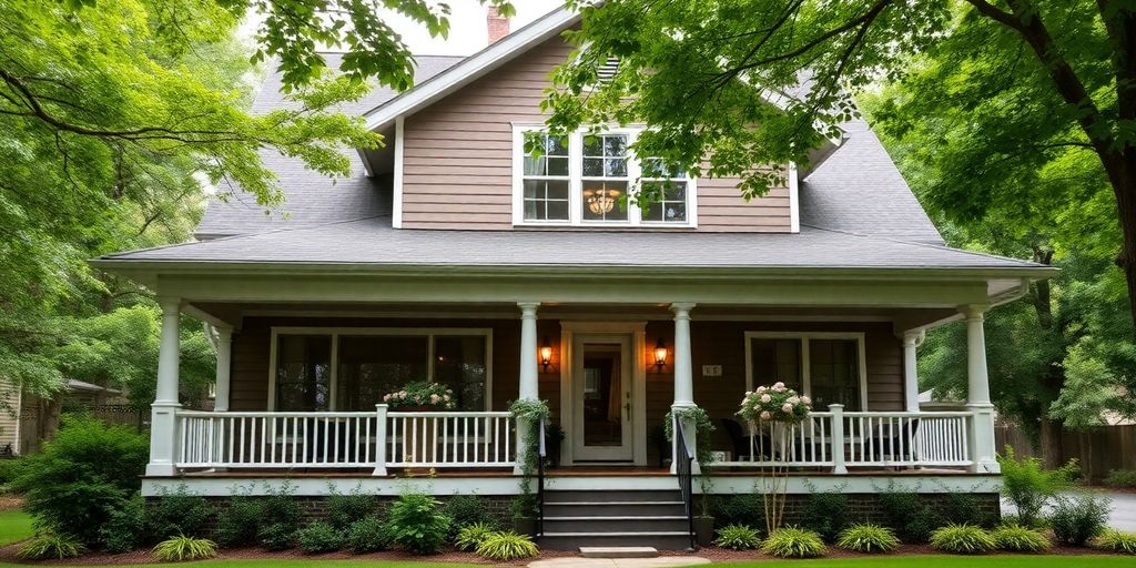Charming raised bungalow with lush greenery and porch.