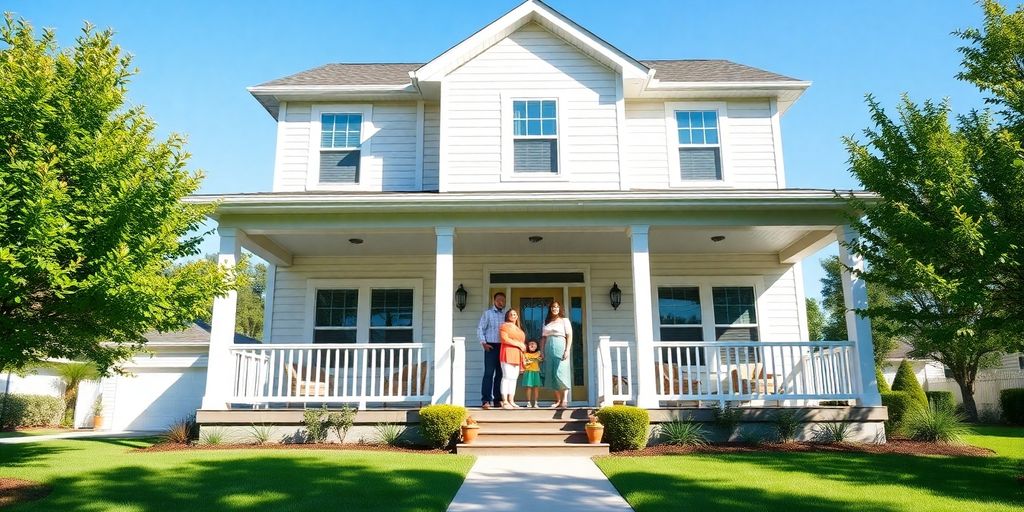 Modern house with family on porch, sunny.