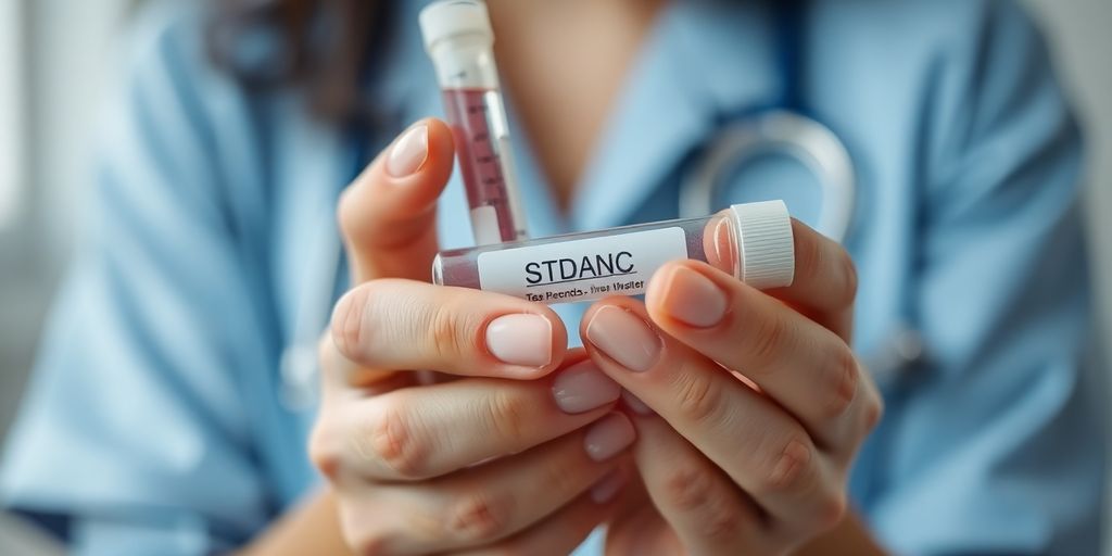 Person holding test tube in a medical setting.