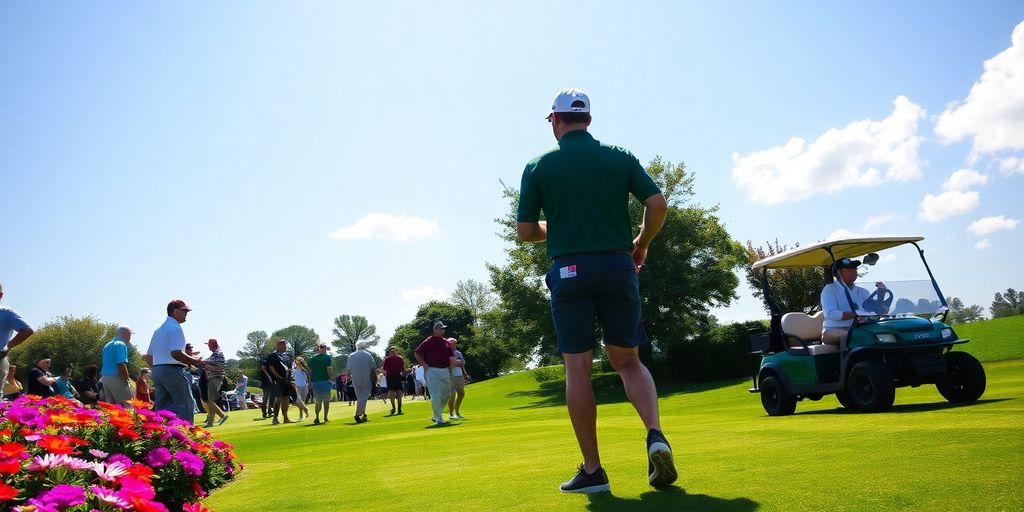 Golfers interacting on the course under clear blue skies.