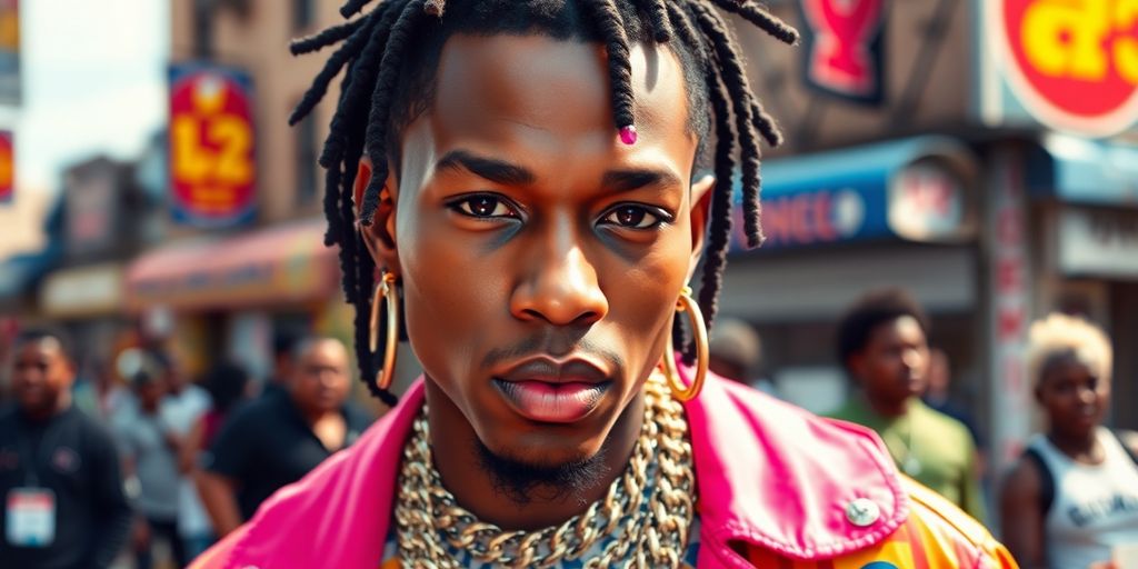 Young Thug in colorful attire against an urban backdrop.