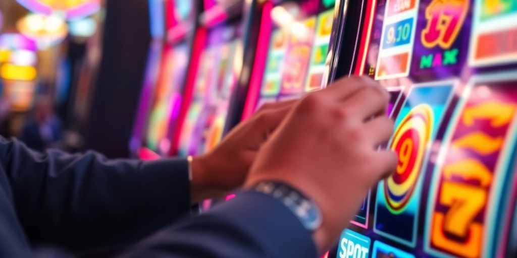 Person happily spinning a vibrant slot machine wheel.