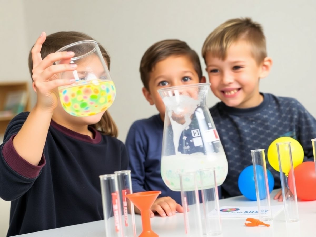 Copii experimentând cu baloane și lichide colorate.