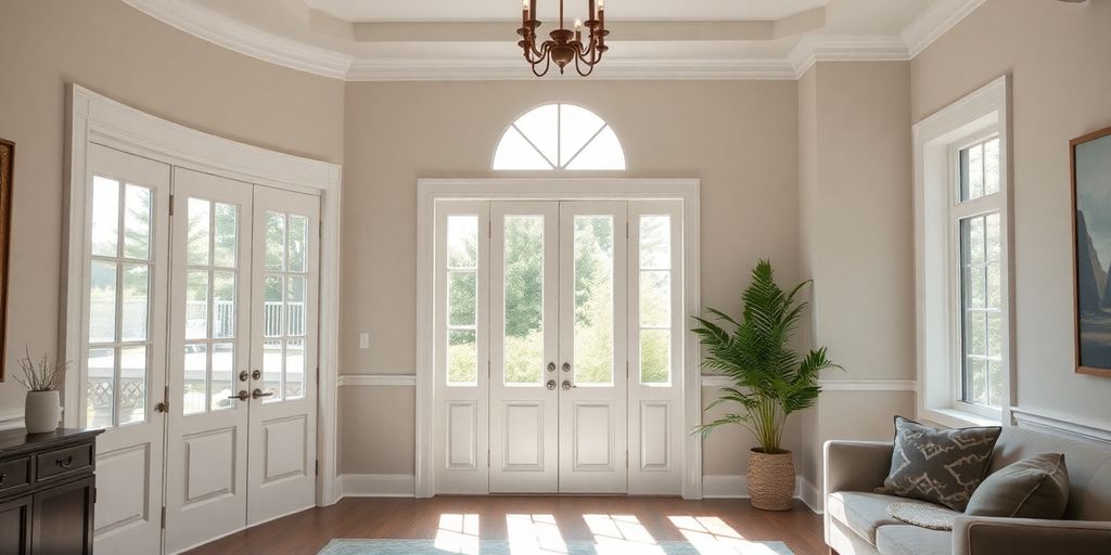 Modern home interior with elegant doors and windows.