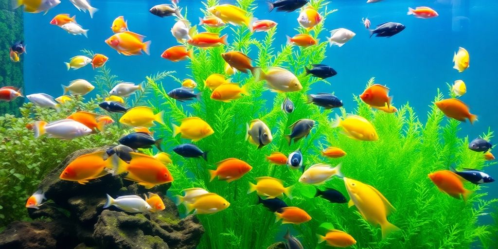 色彩斑斓的异国鱼在郁郁葱葱的水族馆中游动。