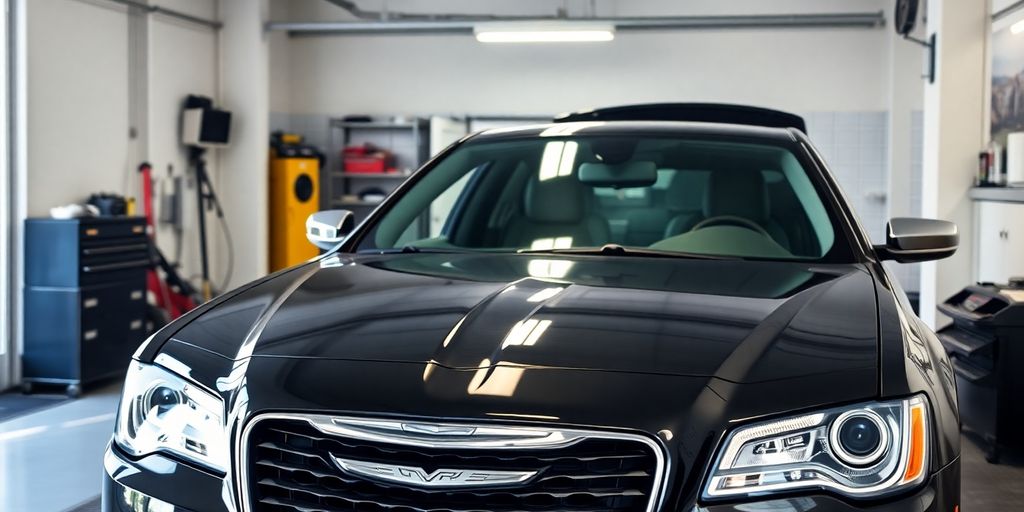 Chrysler vehicle with mechanic in garage