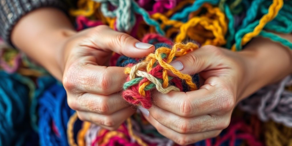Hands knitting with colorful yarn scraps.