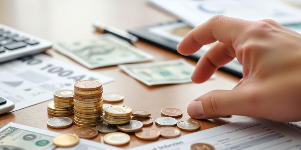 Person looking at a pile of coins and bills.