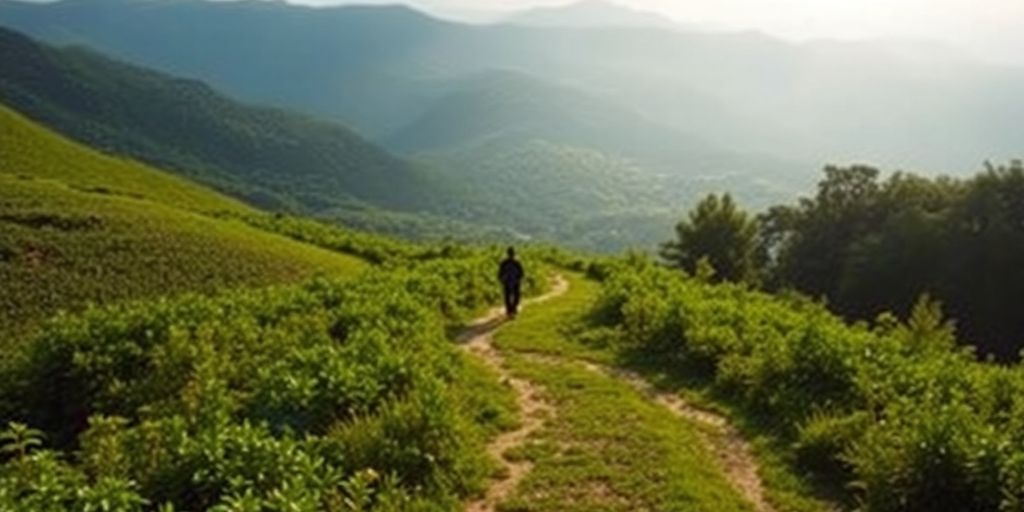A person walking on a green path towards a bright horizon.