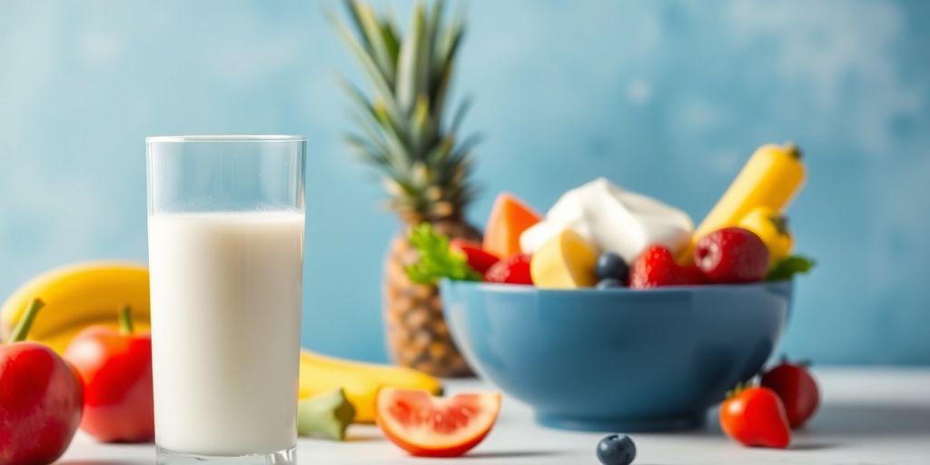 Glass of milk with fresh fruits and vegetables.