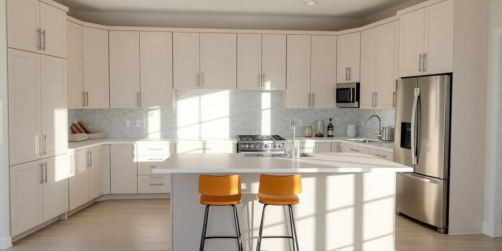 Modern kitchen remodel with island and stainless steel appliances.