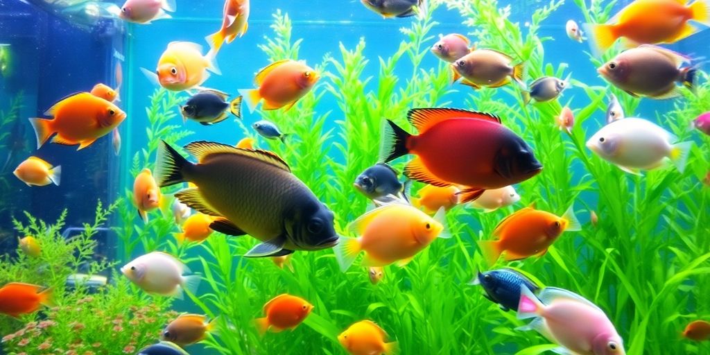 色彩斑斓的活鱼在郁郁葱葱的水族箱中游动。
