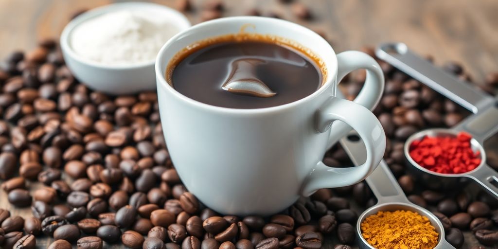 Cup of coffee with beans and measuring spoons of spices.
