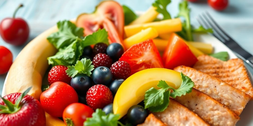 Teenager eating a balanced meal with fruits and vegetables.