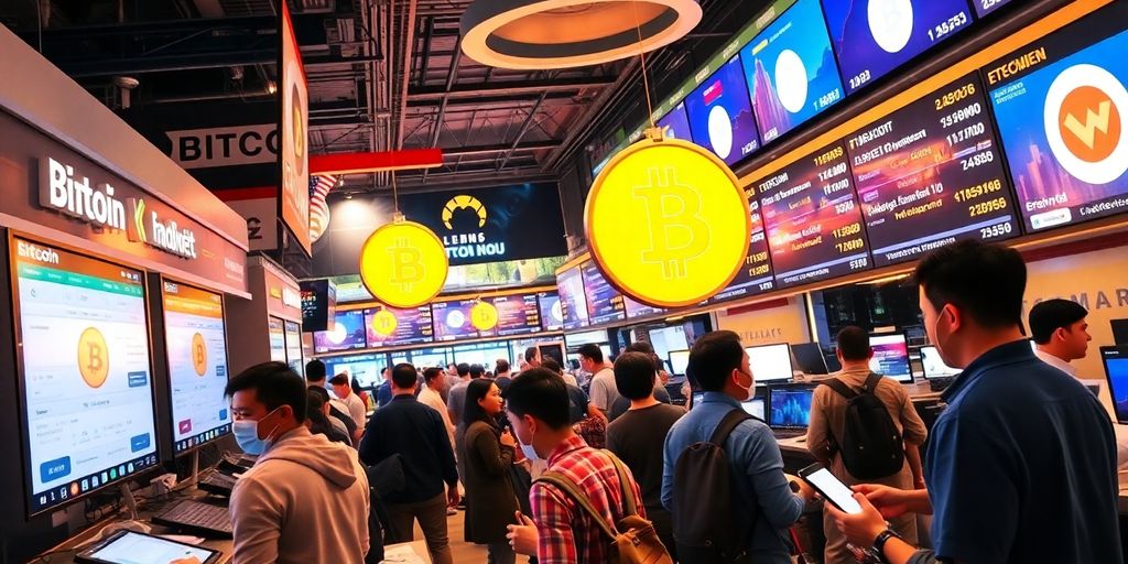 Imagem de um mercado de criptomoedas movimentado.