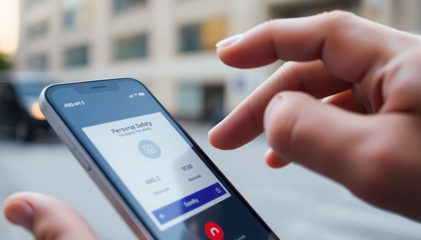 Smartphone with personal safety app in urban setting.