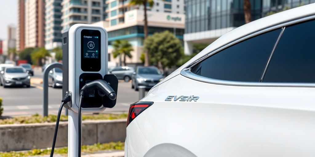 Electric car charging at station in India.