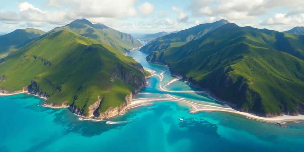 Turquoise lagoon bordered by lush green islands.