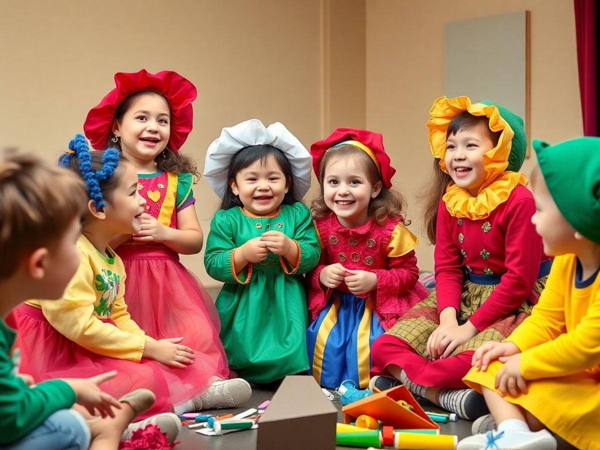 Copii jucând teatru și improvizație, costume colorate.
