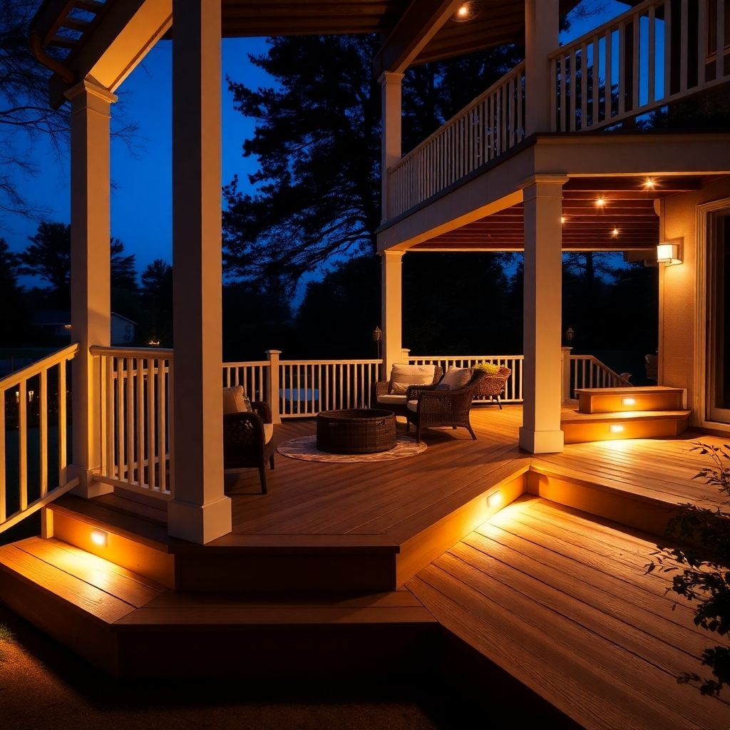 Subtle deck and patio lighting at dusk.