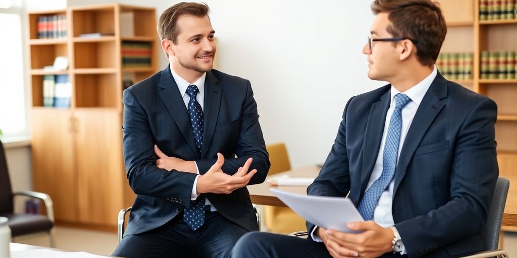 Attorney consulting with client in a modern office.
