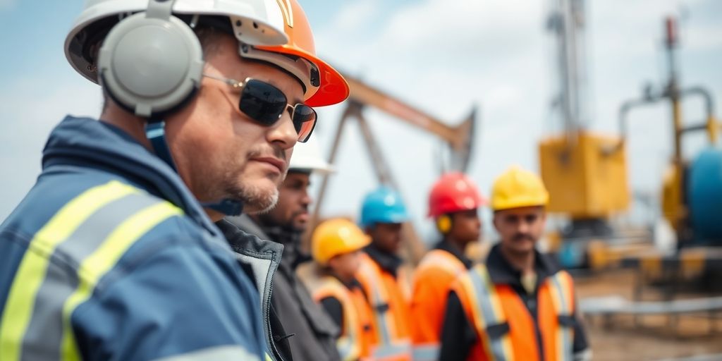 Oilfield workers in safety gear at an industrial site.